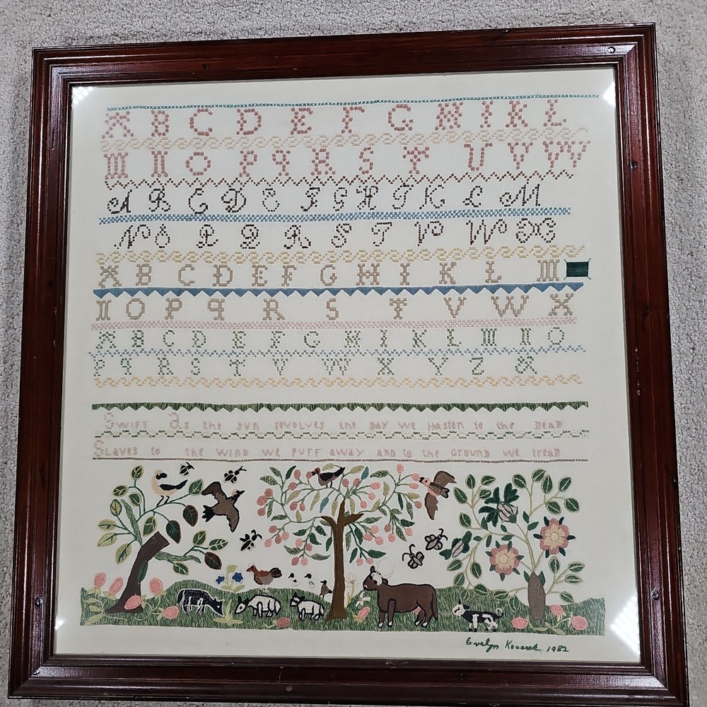 VTG‎ Framed Cross Stitch Alphabelt Sampler Swift As The Sun 19.5x20 Sarah Salter